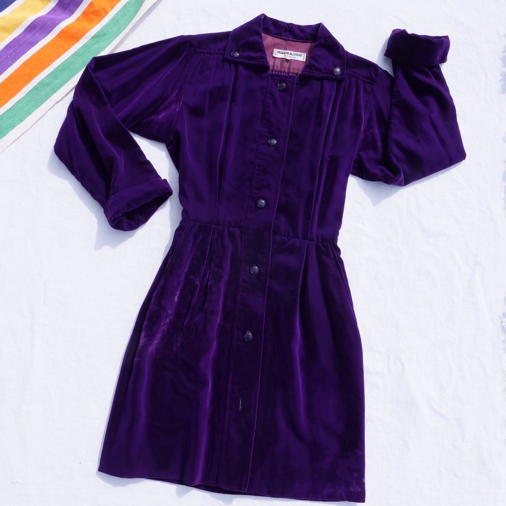 Vintage 1970s Saint Laurent Rive Gauche royal purple glamour velvet dress coat